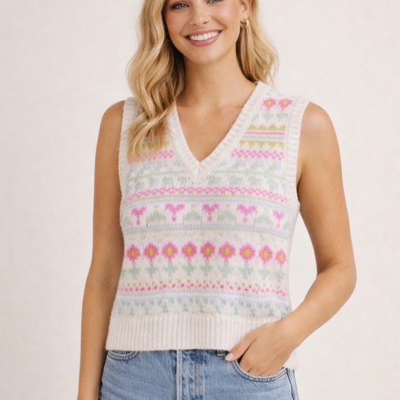 Boden Fair Isle Floral Sweater Vest Cream Pink Cottagecore Knit 51783 - Picture 2 of 15